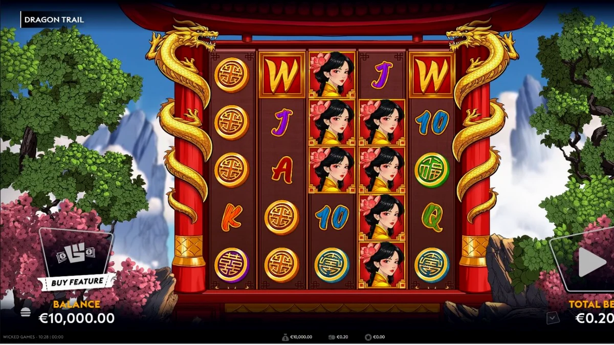 Interface do jogo de slot Dragon Trail com dragões dourados e pagode