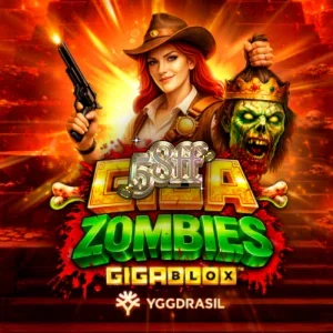 Interface do jogo de slot Giga Zombies GigaBlox com grade 6x5 e símbolos temáticos